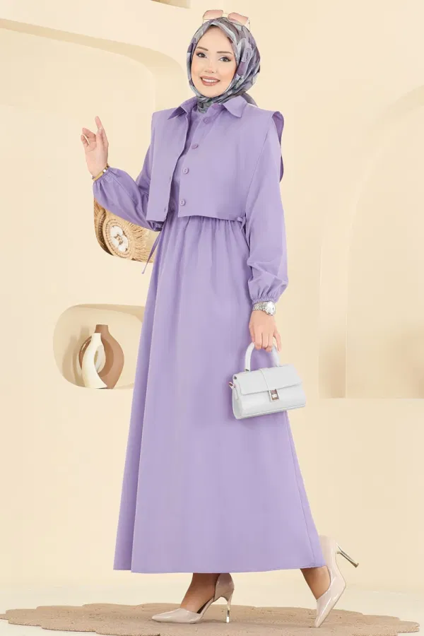 Modaselvim Kombin Yelekli Terikoton Elbise Takım 3059KTR750 Lila