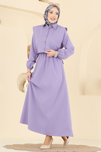 moda selvim Yelekli Terikoton Elbise Takım 3059KTR750 Lila - Thumbnail
