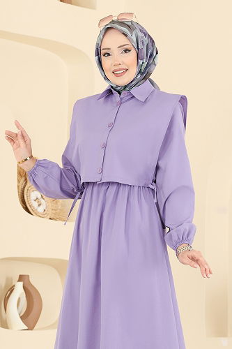 moda selvim Yelekli Terikoton Elbise Takım 3059KTR750 Lila - Thumbnail