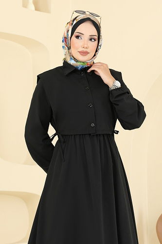 moda selvim Yelekli Terikoton Elbise Takım 3059KTR750 Siyah - Thumbnail