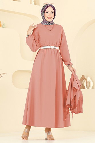 moda selvim Yelekli Terikoton Elbise Takım 3059KTR750 Somon - Thumbnail