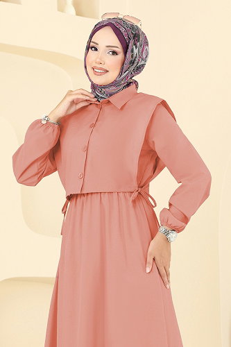 moda selvim Yelekli Terikoton Elbise Takım 3059KTR750 Somon - Thumbnail