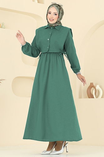 moda selvim Yelekli Terikoton Elbise Takım 3059KTR750 Zümrüt - Thumbnail