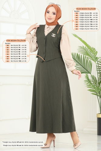 moda selvim Yelekli Tesettür Takım 3001BLU797 Haki - Thumbnail