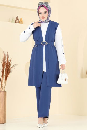 moda selvim Yelekli Üçlü Tesettür Takım 2660SL432 Açık İndigo - Thumbnail