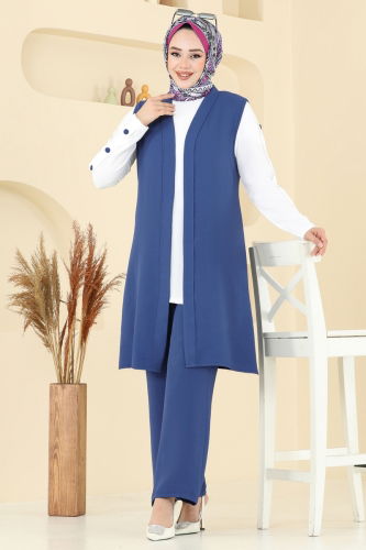 moda selvim Yelekli Üçlü Tesettür Takım 2660SL432 Açık İndigo - Thumbnail