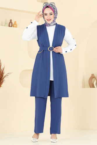 moda selvim Yelekli Üçlü Tesettür Takım 2660SL432 Açık İndigo - Thumbnail