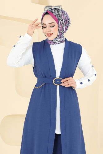 moda selvim Yelekli Üçlü Tesettür Takım 2660SL432 Açık İndigo - Thumbnail