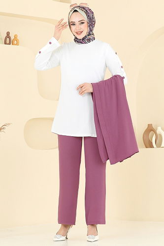 moda selvim Yelekli Üçlü Tesettür Takım 2660SL432 Gül Kurusu&Ekru - Thumbnail