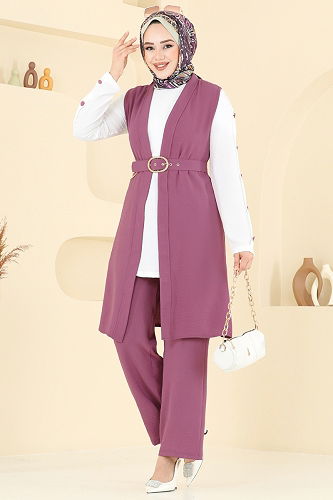 moda selvim Yelekli Üçlü Tesettür Takım 2660SL432 Gül Kurusu&Ekru - Thumbnail