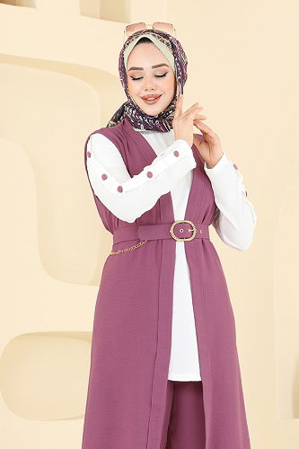 moda selvim Yelekli Üçlü Tesettür Takım 2660SL432 Gül Kurusu&Ekru - Thumbnail