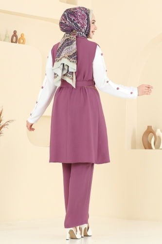 moda selvim Yelekli Üçlü Tesettür Takım 2660SL432 Gül Kurusu&Ekru - Thumbnail