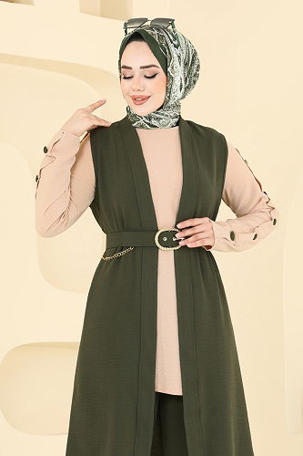 moda selvim Yelekli Üçlü Tesettür Takım 2660SL432 Haki&Vizyon - Thumbnail