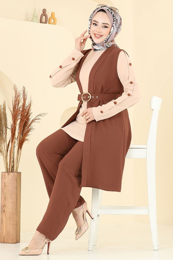 S.L. - Yelekli Üçlü Tesettür Takım 2660SL432 Kahve&Vizyon