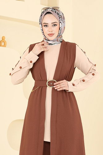 moda selvim Yelekli Üçlü Tesettür Takım 2660SL432 Kahve&Vizyon - Thumbnail