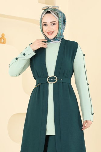 moda selvim Yelekli Üçlü Tesettür Takım 2660SL432 Petrol&Mint - Thumbnail