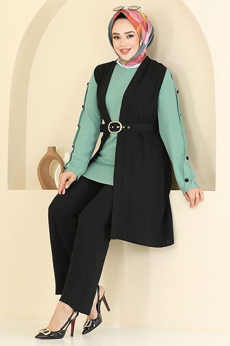 moda selvim Yelekli Üçlü Tesettür Takım 2660SL432 Siyah&Mint - Thumbnail