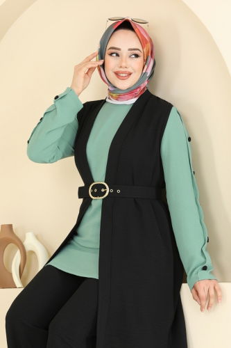 moda selvim Yelekli Üçlü Tesettür Takım 2660SL432 Siyah&Mint - Thumbnail