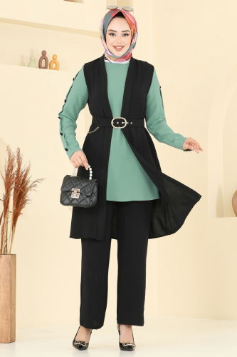 S.L. - Yelekli Üçlü Tesettür Takım 2660SL432 Siyah&Mint