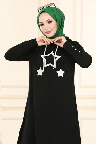 moda selvim Yıldız Baskılı Tesettür Tunik 2001YNS793 Siyah&Ekru - Thumbnail