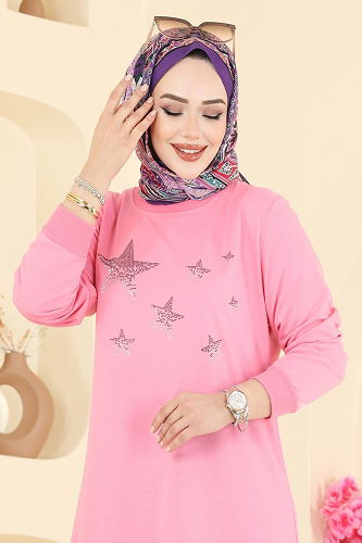 moda selvim Yıldız Detaylı İki İp Elbise 201OZN1046 Pembe - Thumbnail