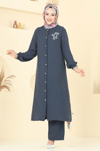 D.V.L. - Yıldız Detaylı Tesettür Takım 449DVL817 Füme