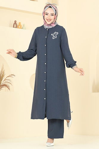 moda selvim Yıldız Detaylı Tesettür Takım 449DVL817 Füme - Thumbnail