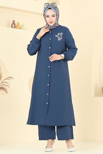 moda selvim Yıldız Detaylı Tesettür Takım 449DVL817 İndigo - Thumbnail