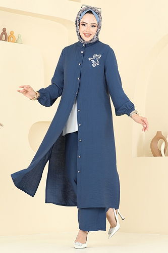 moda selvim Yıldız Detaylı Tesettür Takım 449DVL817 İndigo - Thumbnail