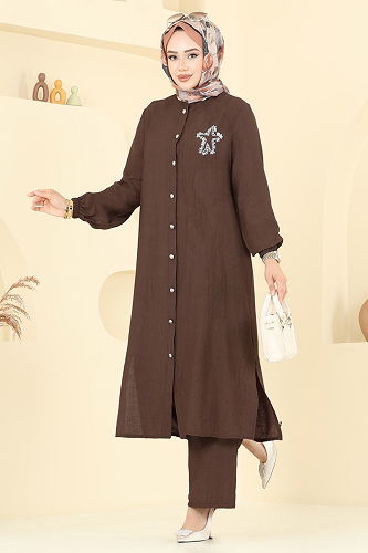 moda selvim Yıldız Detaylı Tesettür Takım 449DVL817 Kahve - Thumbnail