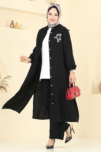 moda selvim Yıldız Detaylı Tesettür Takım 449DVL817 Siyah - Thumbnail