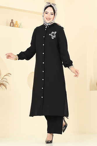 moda selvim Yıldız Detaylı Tesettür Takım 449DVL817 Siyah - Thumbnail