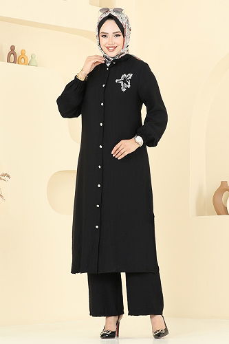 moda selvim Yıldız Detaylı Tesettür Takım 449DVL817 Siyah - Thumbnail