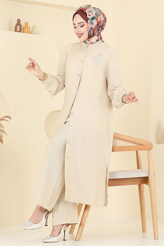 moda selvim Yıldız Detaylı Tesettür Takım 449DVL817 Taş - Thumbnail