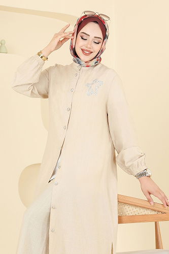 moda selvim Yıldız Detaylı Tesettür Takım 449DVL817 Taş - Thumbnail