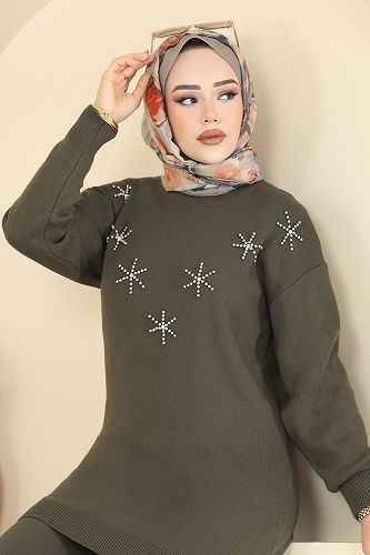 moda selvim Yıldız Detaylı Triko Takım 2721AYD574 Açık Haki - Thumbnail