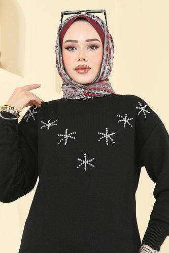 moda selvim Yıldız Detaylı Triko Takım 2721AYD574 Siyah - Thumbnail