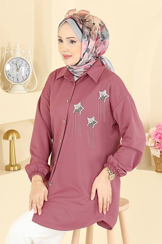 moda selvim Yıldız Taş Detaylı Tunik 2842SLK540 Gül Kurusu - Thumbnail