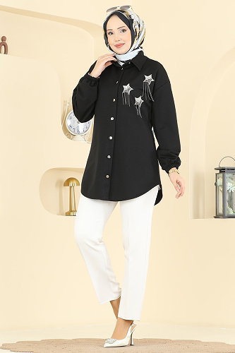 moda selvim Yıldız Taş Detaylı Tunik 2842SLK540 Siyah - Thumbnail