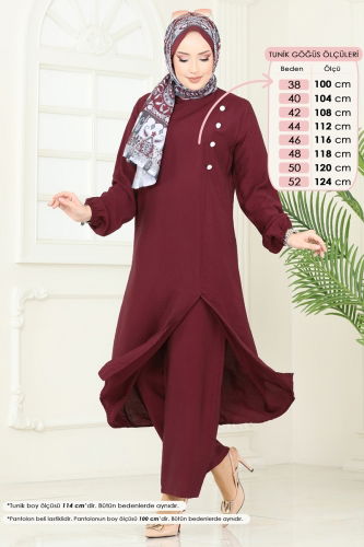 moda selvim Yırtmaç Detay Tesettür Takım 4075PM271 Bordo - Thumbnail