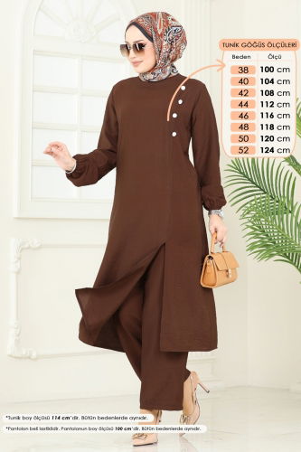 moda selvim Yırtmaç Detay Tesettür Takım 4075PM271 Kahve - Thumbnail