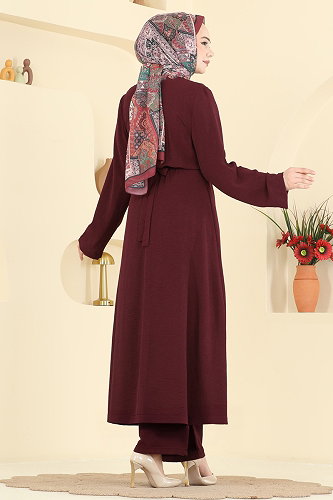 moda selvim Yırtmaç Detaylı 2 li Takım 2702TPK1167 Bordo - Thumbnail