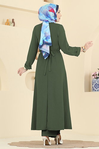 moda selvim Yırtmaç Detaylı 2 li Takım 2702TPK1167 Haki - Thumbnail
