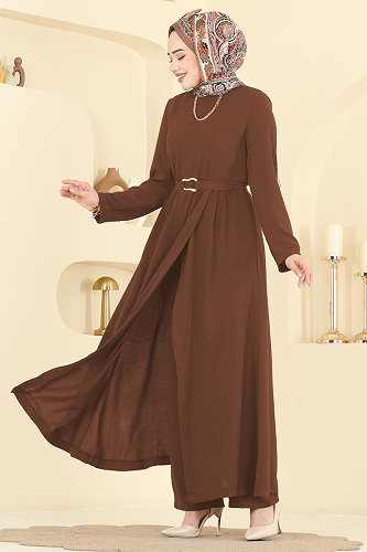 moda selvim Yırtmaç Detaylı 2 li Takım 2702TPK1167 Taba - Thumbnail