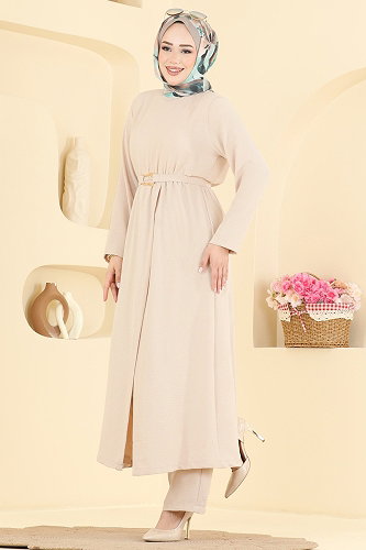 moda selvim Yırtmaç Detaylı 2 li Takım 2702TPK1167 Taş - Thumbnail