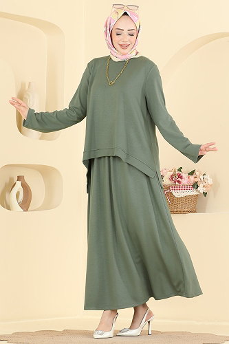 moda selvim Yırtmaç Detaylı 2 li Takım 5677ZNNK1102 Haki - Thumbnail