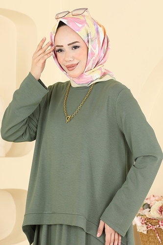moda selvim Yırtmaç Detaylı 2 li Takım 5677ZNNK1102 Haki - Thumbnail