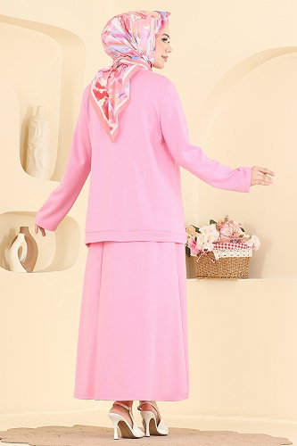 moda selvim Yırtmaç Detaylı 2 li Takım 5677ZNNK1102 Pembe - Thumbnail