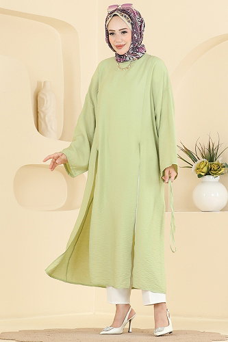 moda selvim Yırtmaç Detaylı Bağcıklı Tunik 4796ZNK1009 Çağla - Thumbnail