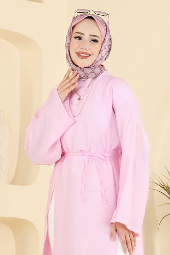 moda selvim Yırtmaç Detaylı Bağcıklı Tunik 4796ZNK1009 Pembe - Thumbnail